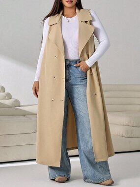 Apricot Elegant Women's Regular Fit Lapel Neck Double-Breasted Sleeveless Vest